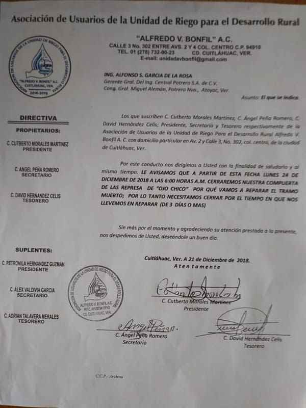 Unidad de riego deja sin agua a El Potrero como regalo de Noche Buena
