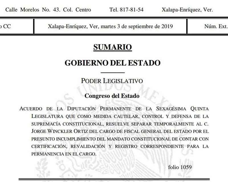 Remueve legislatura temporalmente al Fiscal Jorge Winckler