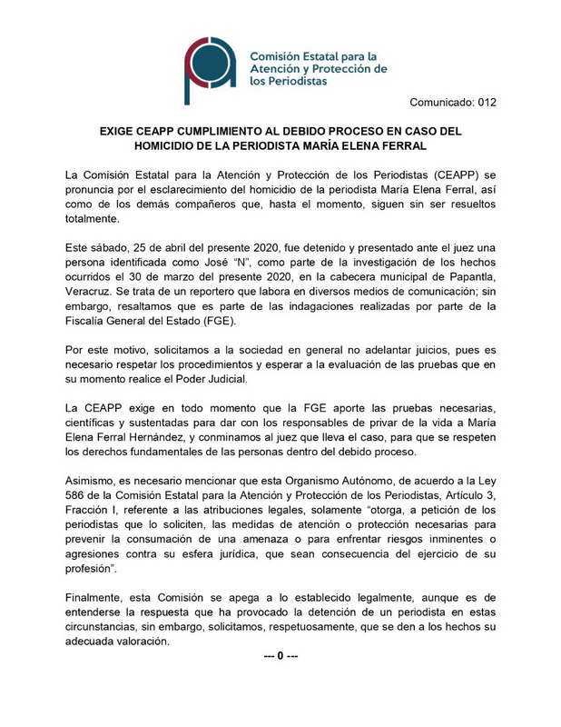 Exige CEAPP cumplimiento al debido proceso del caso del homicidio de la periodista María Elena Ferral