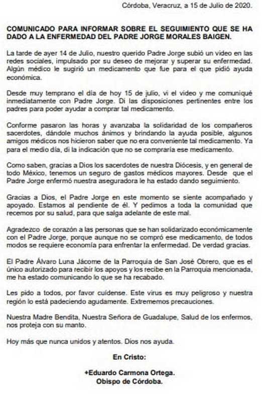 Tratamiento de sacerdote con Covid no era el adecuado advierte el obispo Carmona