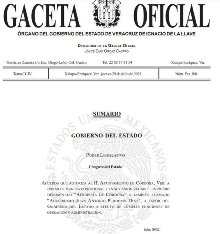 Congreso local autoriza al ayuntamiento de Córdoba donar aeropista a gobierno estatal