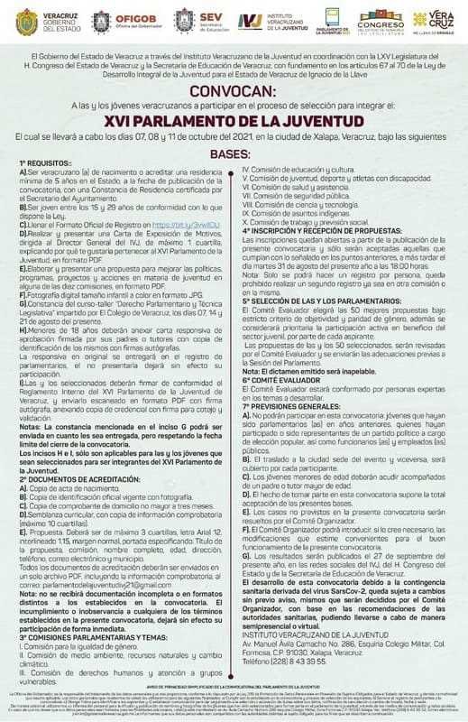 Dan a conocer Convocatoria para el XVI Parlamento de la Juventud Veracruzana