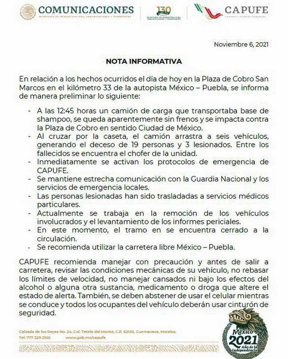 Fueron 19 personas muertas en accidente ocurrido en la caseta de cobro San Marcos