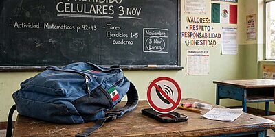 Mochila y celular prohibido en pupitre de escuela primaria en México nueva regla 3 de noviembre 2026