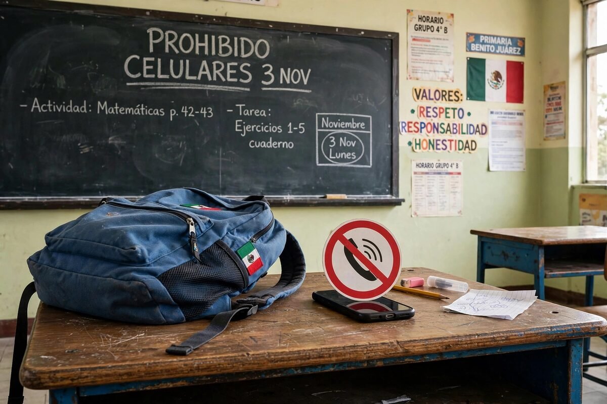 Mochila y celular prohibido en pupitre de escuela primaria en México nueva regla 3 de noviembre 2026
