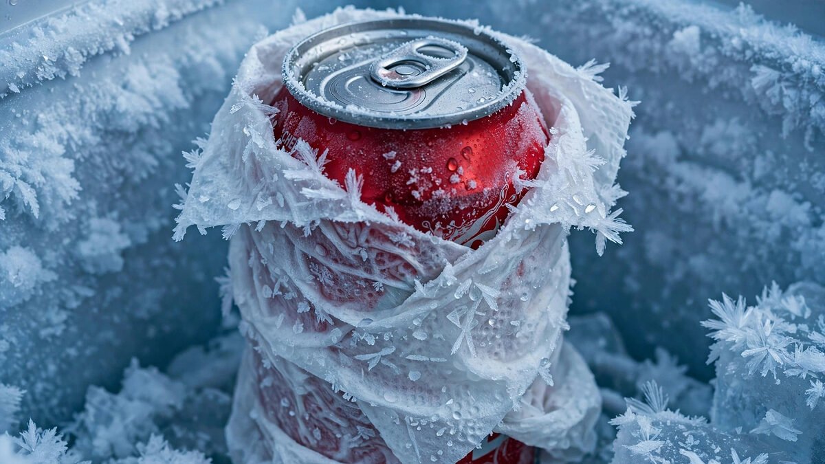 Lata de refresco envuelta en papel húmedo congelado con escarcha dentro del congelador