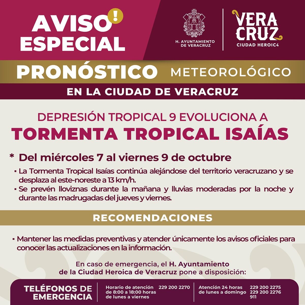 Mantiene Ayuntamiento de Veracruz vigilancia ante tormenta tropical Isaías
